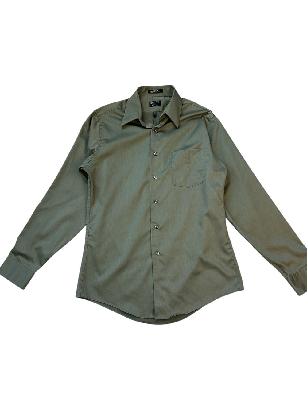 Arrow Fitted Olive Green Sateen Dress Shirt Medium 15.5 34/35 Wrinkle Free
